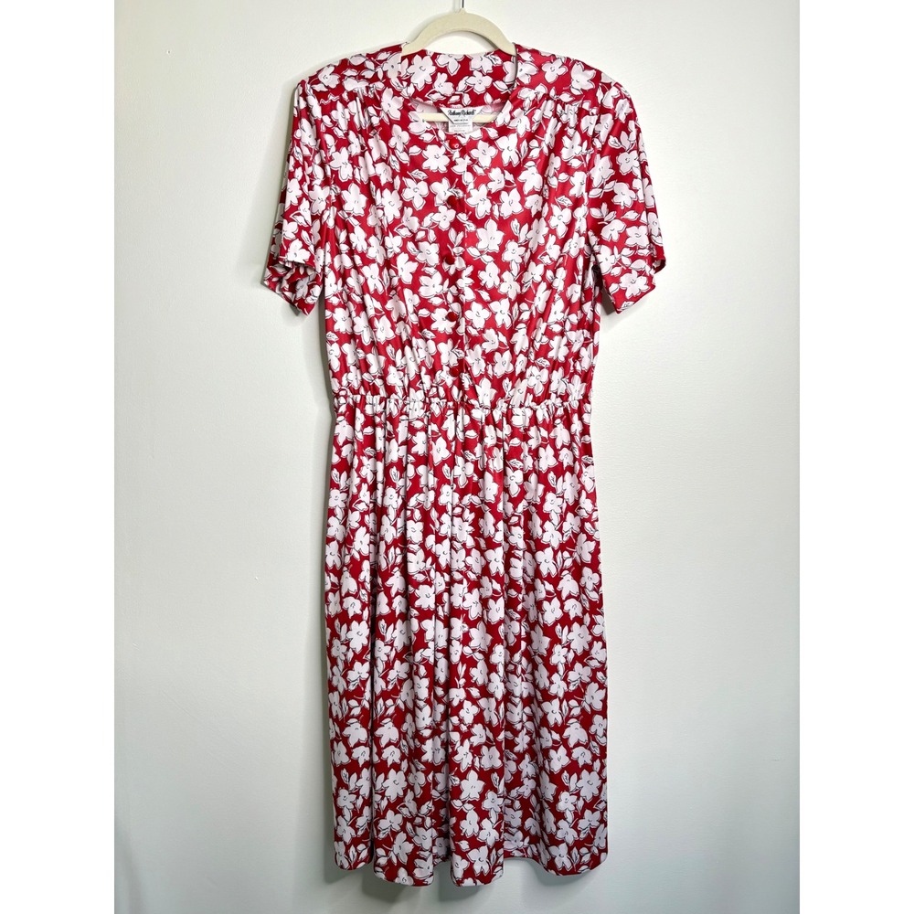 Anthony Richards Vintage 80s Red White Floral Dress Short Sleeve Midi Size 18